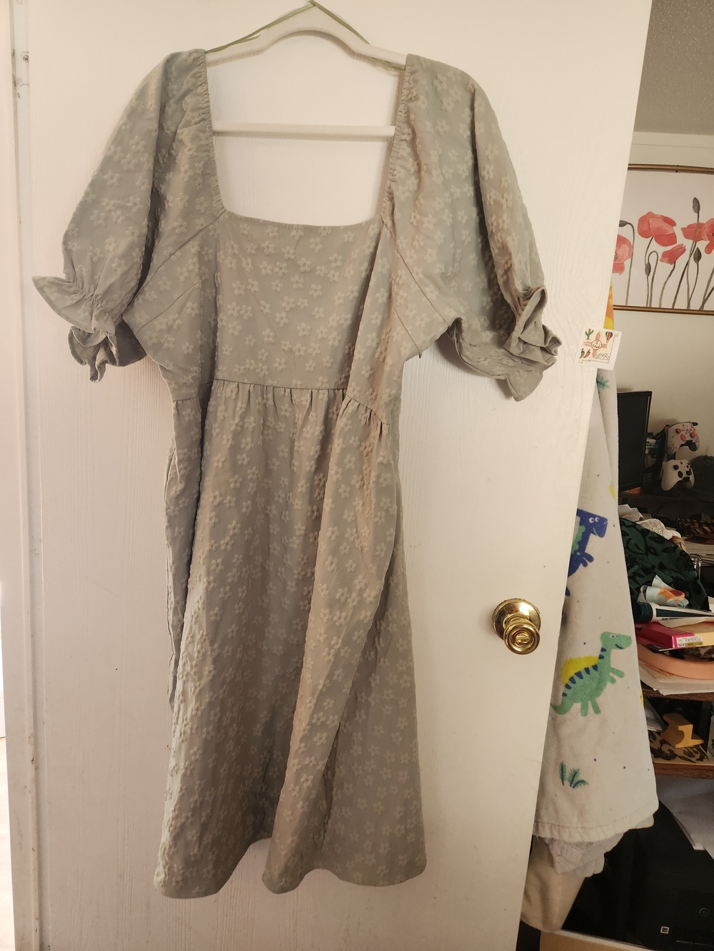 Square Neck Puff Sleeve Midi Dress in Sage Green